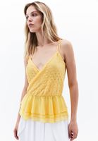Women Yellow Wrap Neck Strappy Blouse