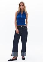 Women Blue Polo Collar Zippered Tank