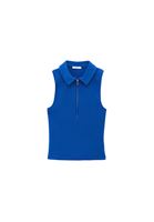 Women Blue Polo Collar Zippered Tank