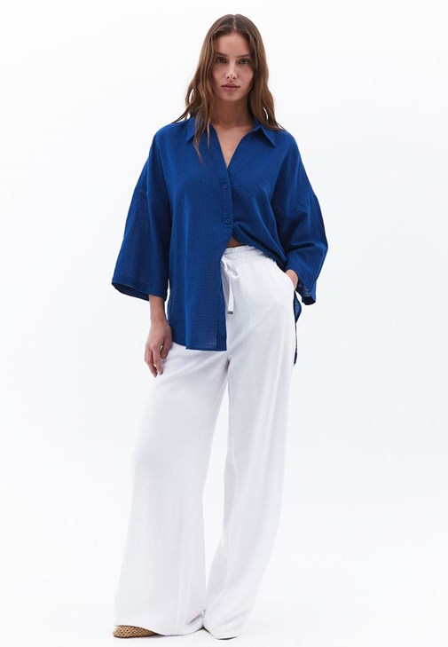 Keten Gömlek ve Keten Wide-Leg Pantolon Kombini