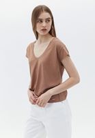 Women Brown V-neck Linen Tshirt