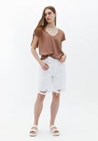 Women Brown V-neck Linen Tshirt