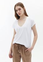 Women White V-neck Linen Tshirt