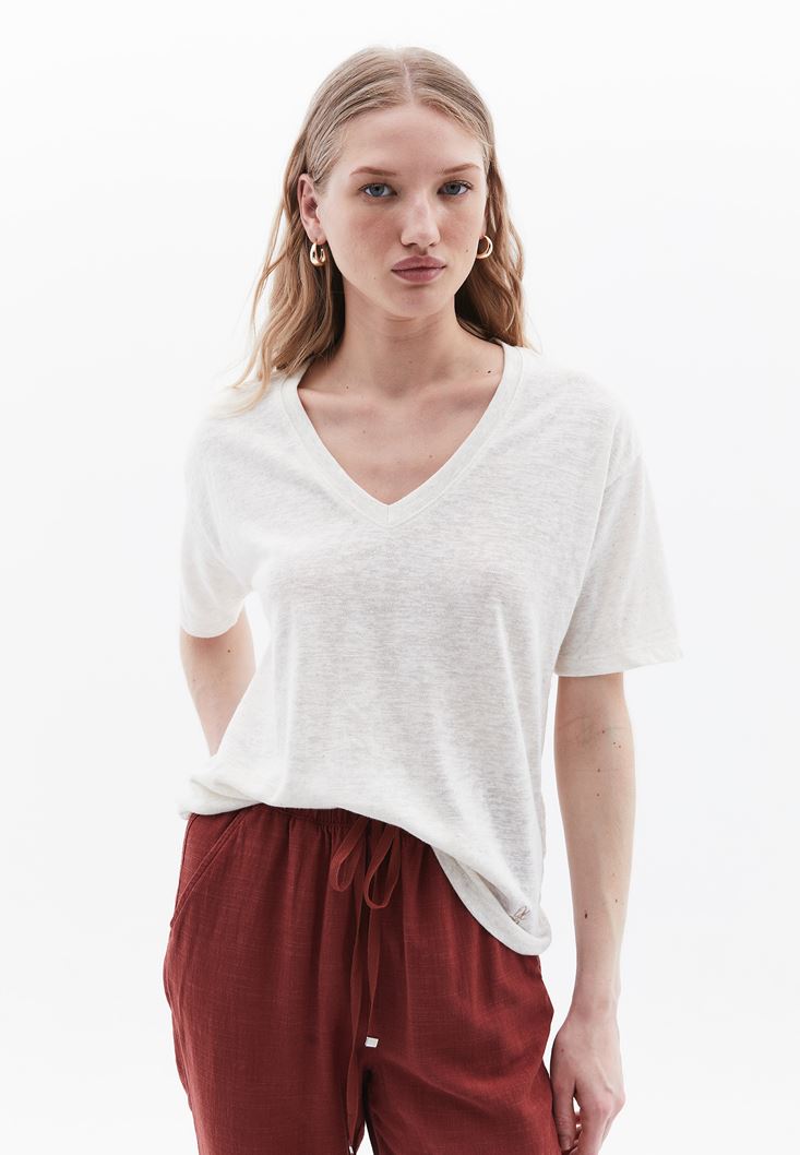 Women Beige Linen Blended Oversize Tshirt