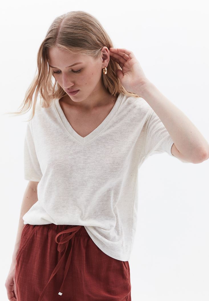 Women Beige Linen Blended Oversize Tshirt