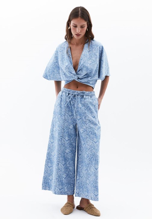 Culotte Denim Pantolon ve Crop Bluz Kombini