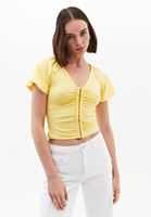 Women Yellow Modal V-Neck Ruched Blouse