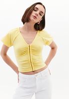 Women Yellow Modal V-Neck Ruched Blouse