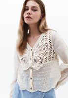 Bayan Bej Kelebek Desenli Crop Bluz