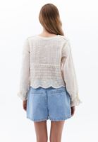 Bayan Bej Kelebek Desenli Crop Bluz