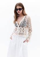 Women Beige  V-Neck Lace Cardigan