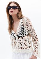 Women Beige  V-Neck Lace Cardigan