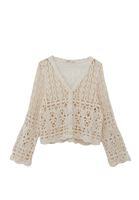 Women Beige  V-Neck Lace Cardigan