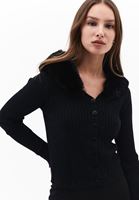 Women Black Knitwear Sweater with Fur Detail