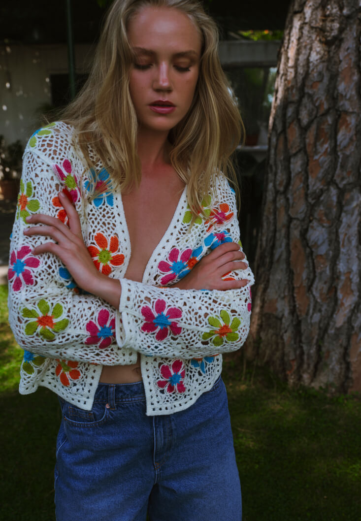 Women Mixed Floral Patterned Openwork Cardigan
