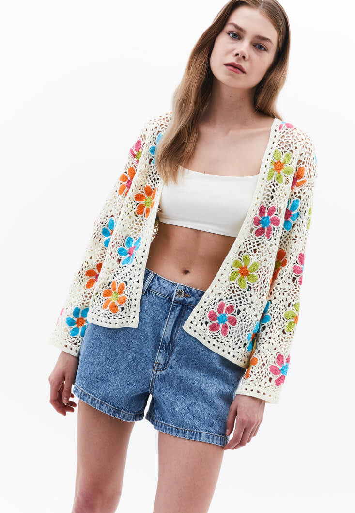 Women Mixed Floral Patterned Openwork Cardigan