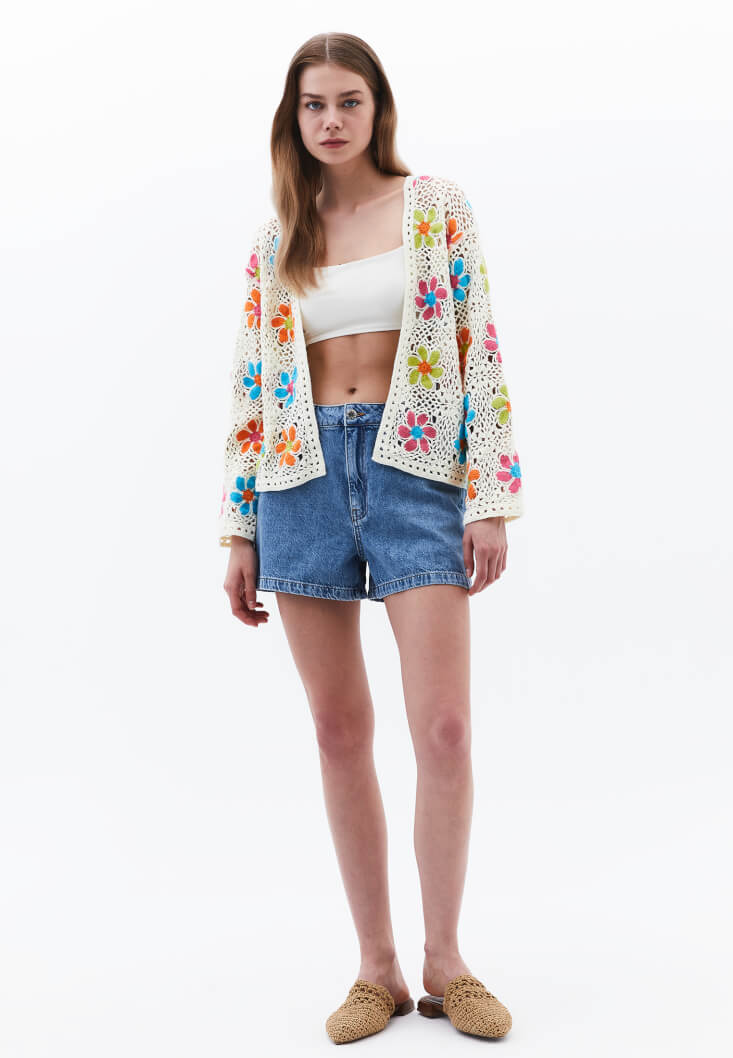 Women Mixed Floral Patterned Openwork Cardigan