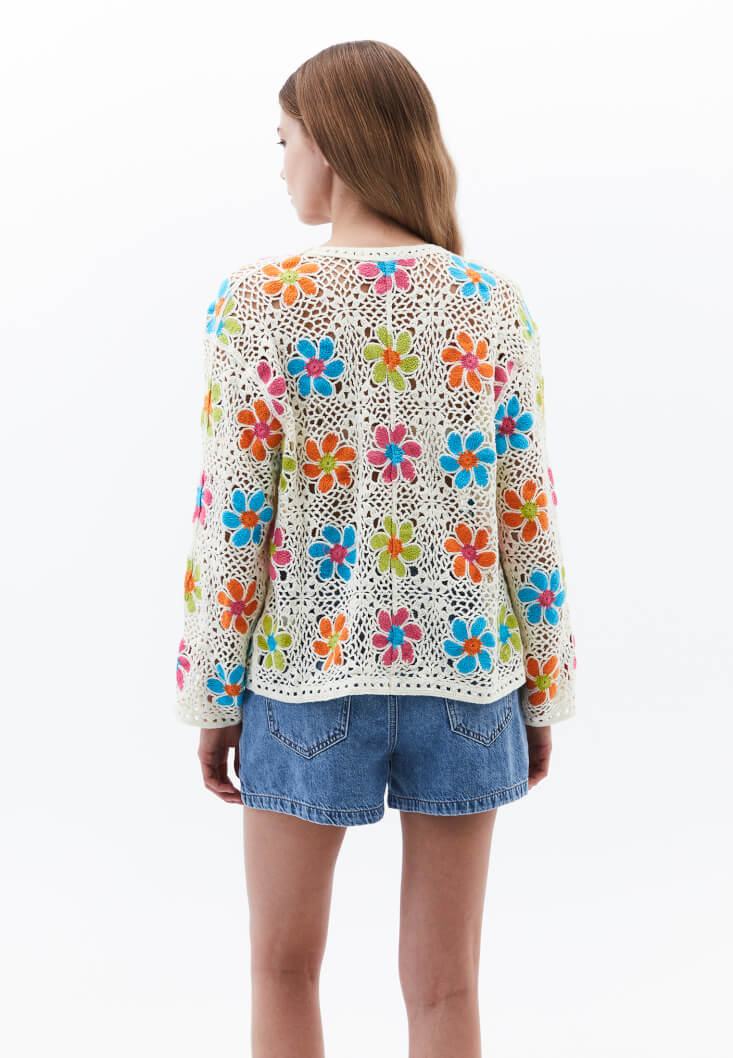 Women Mixed Floral Patterned Openwork Cardigan