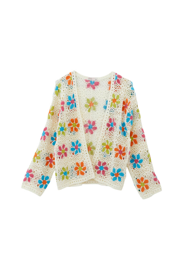 Women Mixed Floral Patterned Openwork Cardigan