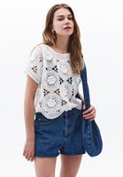 Bayan Krem Bot Yaka Jakarlı Crop Bluz