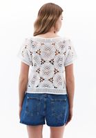 Bayan Krem Bot Yaka Jakarlı Crop Bluz