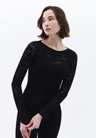 Women Black Boat Neck Lace T-Shirt