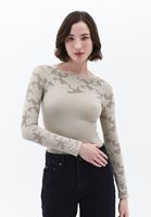 Women Beige Boat Neck Lace T-Shirt