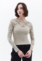 Women Beige Boat Neck Lace T-Shirt