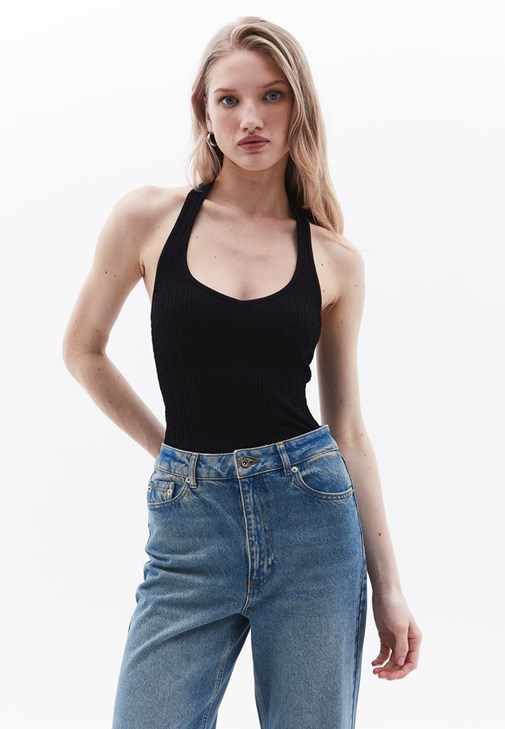 Crop Top ve Wıde-Leg Denim Pantolon Kombini