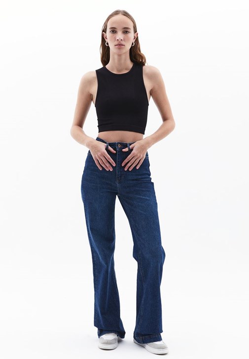 Crop Atlet ve Denim Wide-Leg Pantolon Kombini