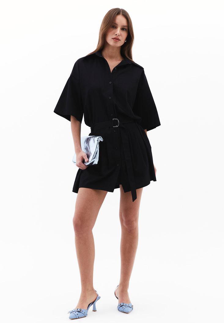 Women Black Oversized Mini Shirt Dress