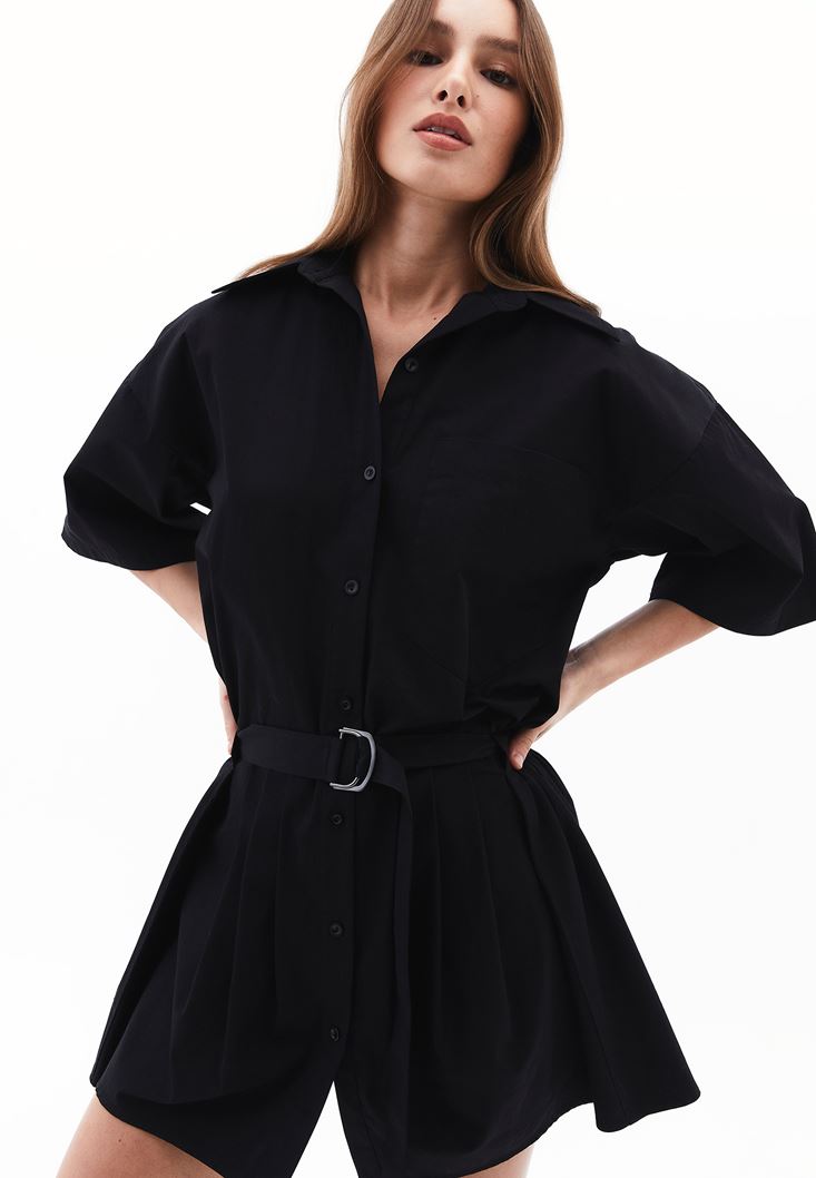 Women Black Oversized Mini Shirt Dress