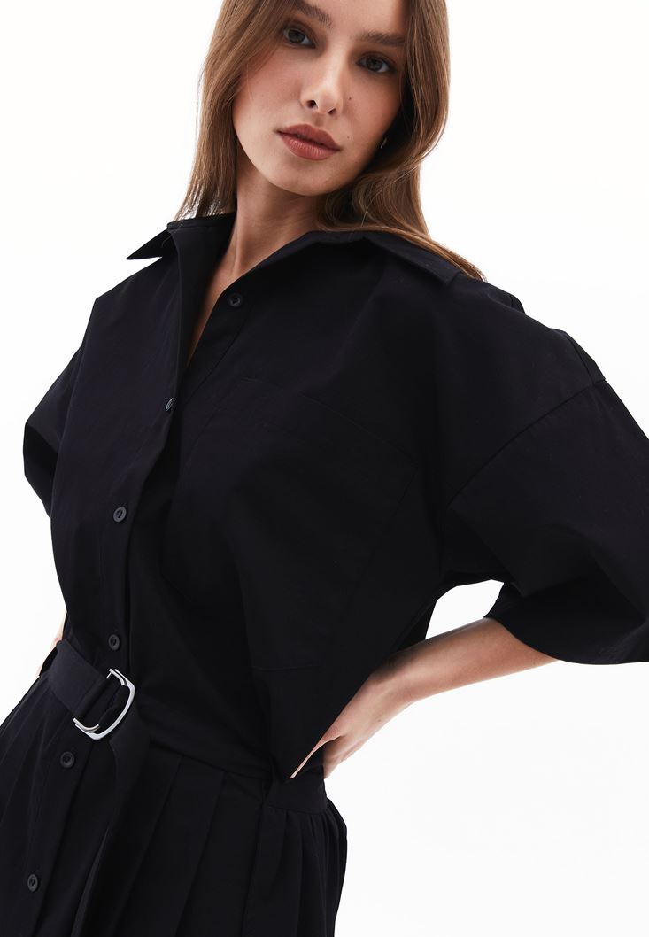 Women Black Oversized Mini Shirt Dress