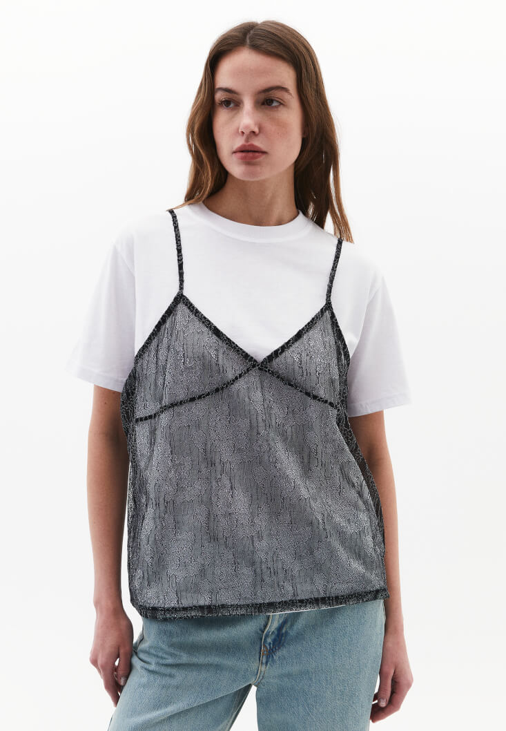 Women White/Black Lace-Detail Oversized T-Shirt