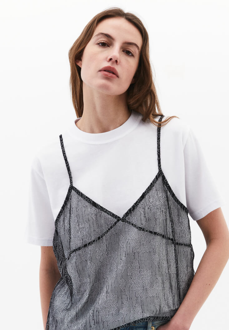 Women White/Black Lace-Detail Oversized T-Shirt