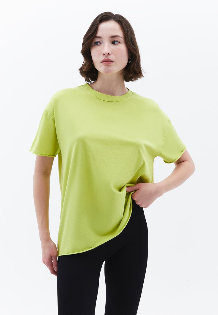 Women Green Zero Neck Oversize T-Shirt
