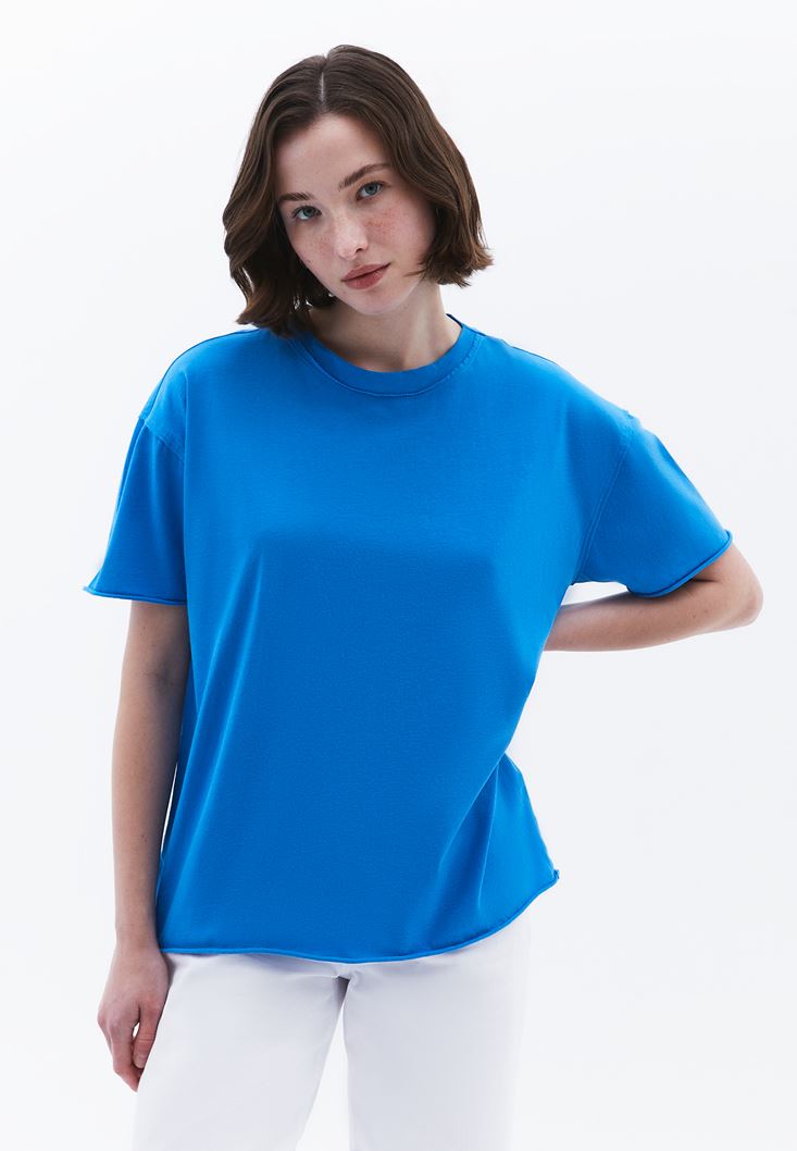 Women Blue Zero Neck Oversize T-Shirt