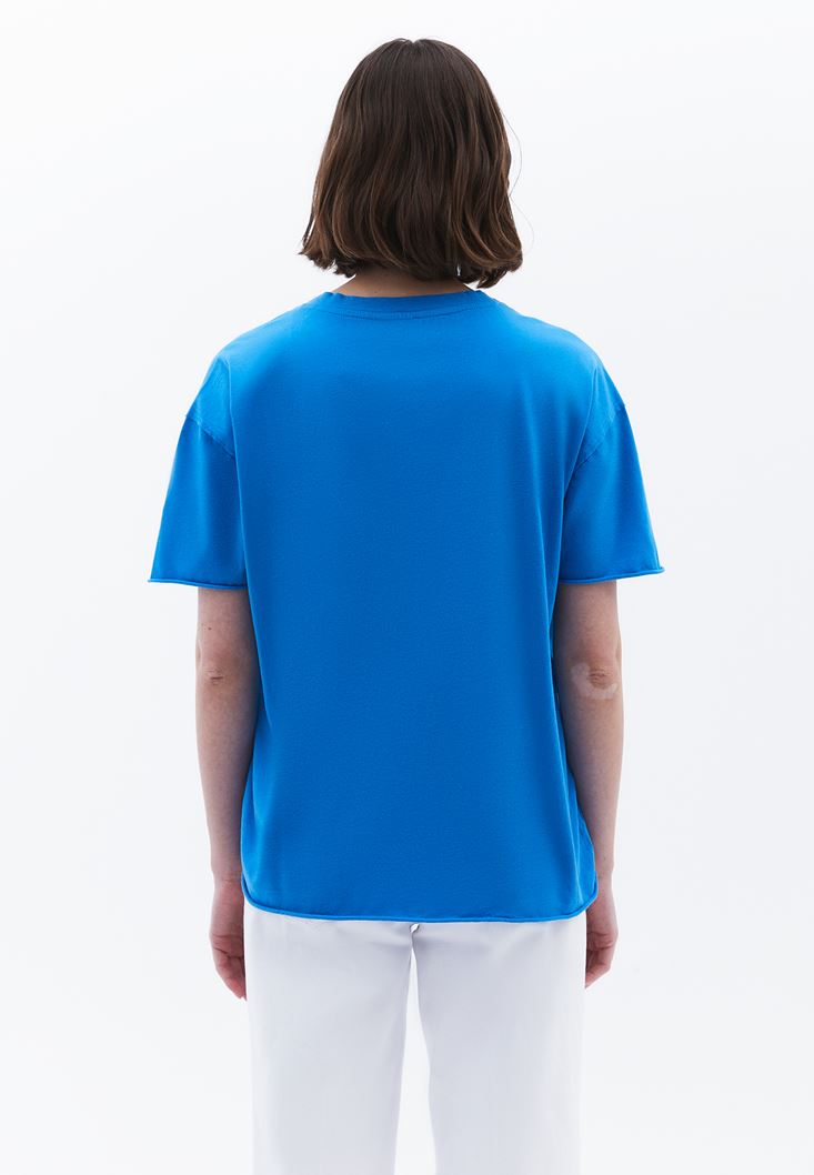 Women Blue Zero Neck Oversize T-Shirt