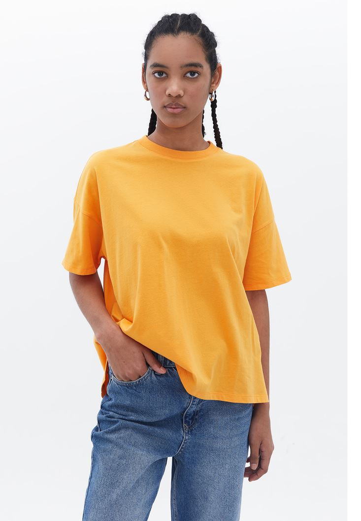 Women Orange Crew Neck Oversize Tshirt