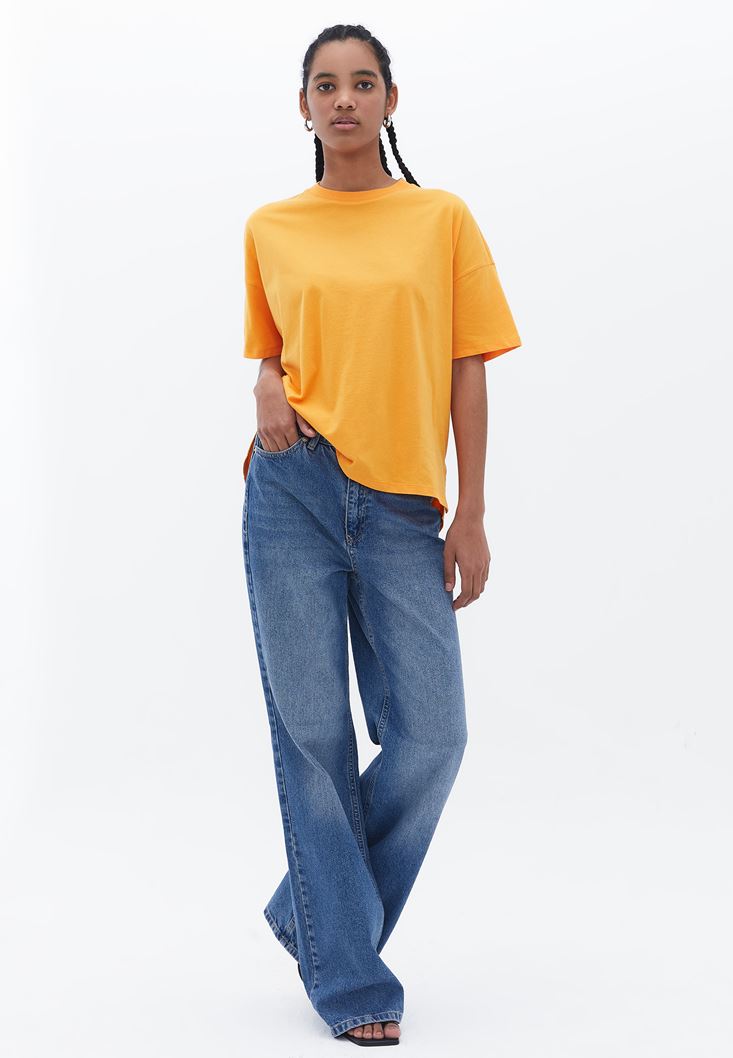 Women Orange Crew Neck Oversize Tshirt