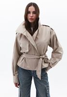 Women Beige Oversize Trench Coat with Belt Detail