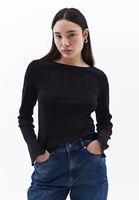 Women Black Boat Neck Tshirt with Long Sleeves