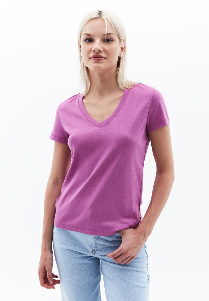 Women Lila Cotton Blended V-Neck Tshirt