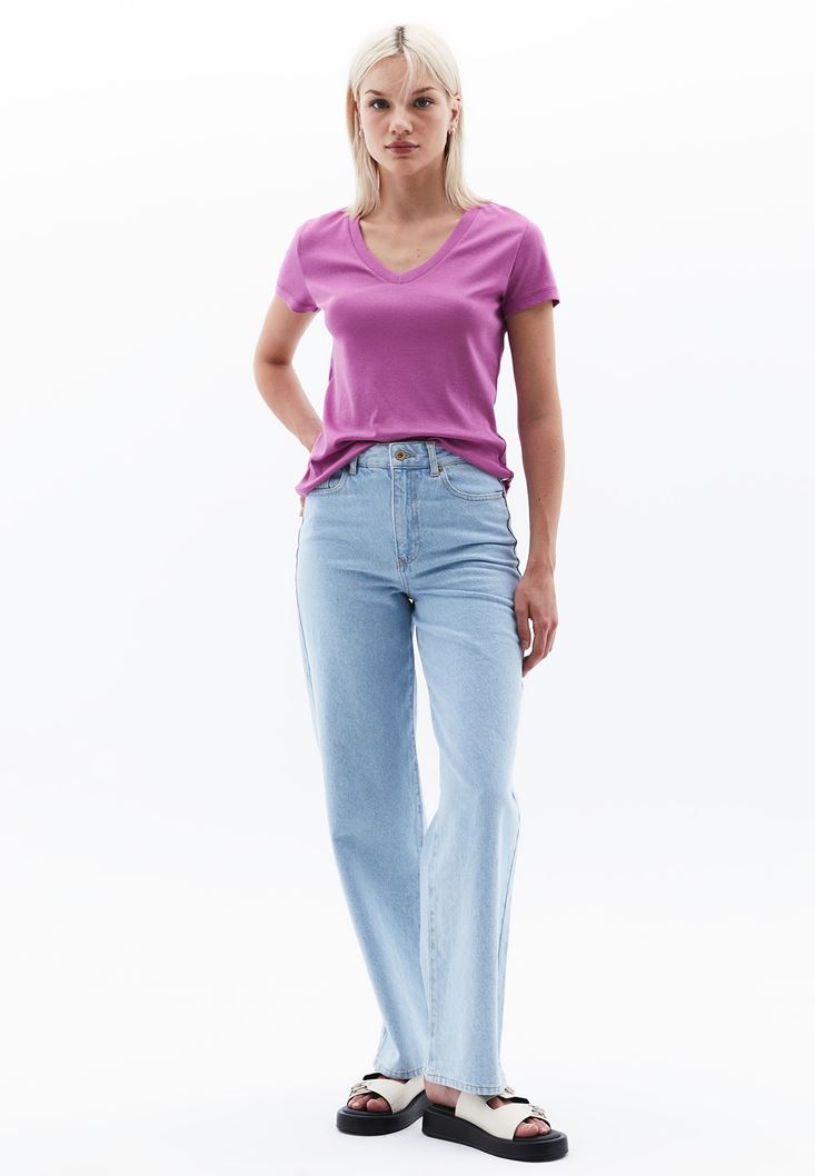 Women Lila Cotton Blended V-Neck Tshirt