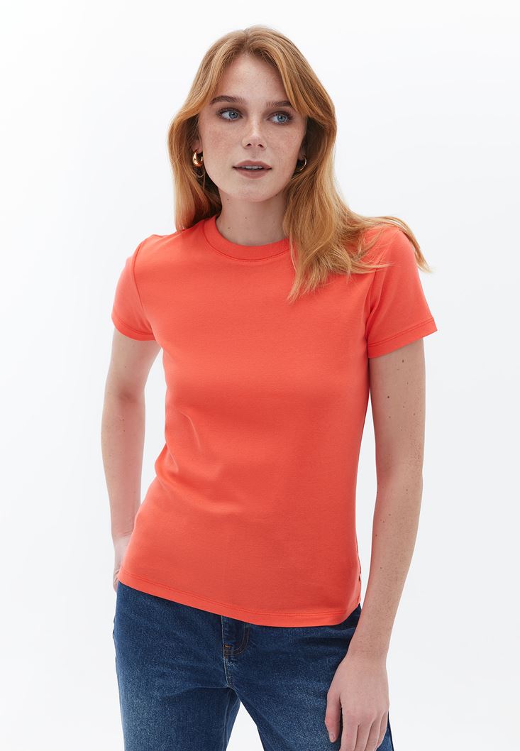 Women Orange Cotton Crew Neck Tshirt