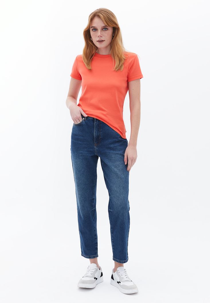 Women Orange Cotton Crew Neck Tshirt
