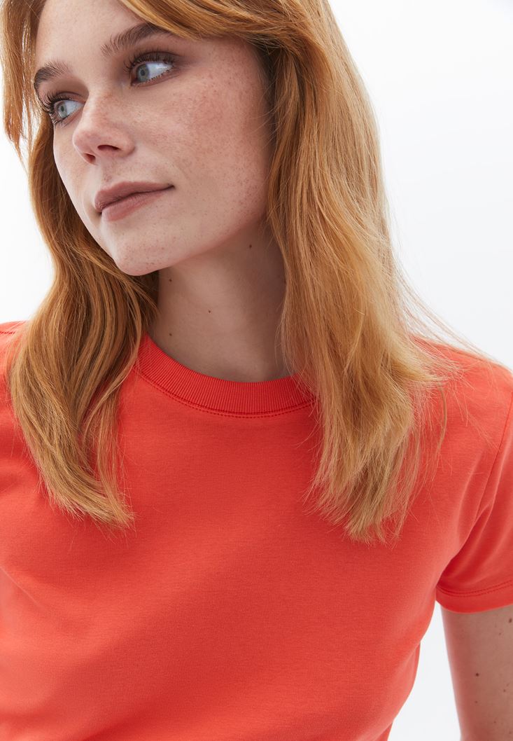Women Orange Cotton Crew Neck Tshirt
