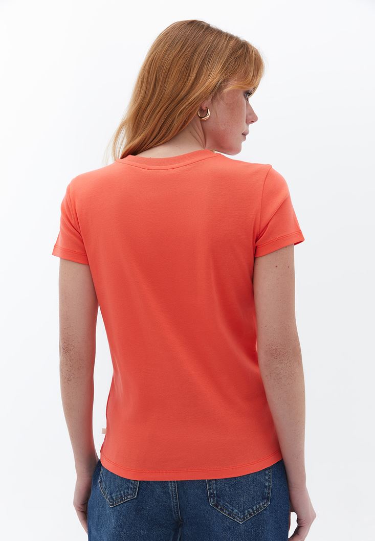 Women Orange Cotton Crew Neck Tshirt