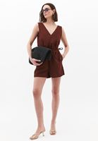 Women Brown Linen-Blend Belted Jumpsuit (Tencel)