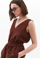 Women Brown Linen-Blend Belted Jumpsuit (Tencel)